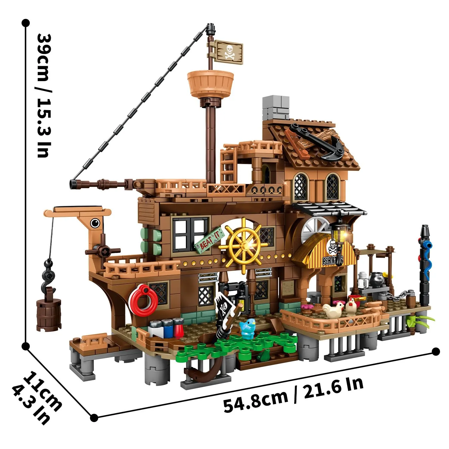 Mesiondy Pirate Island Pier Building Set ๐ดโโ ๏ธ โ 573 PCS, 21.6" Long Pirate Dock & Boat Toy ๐ข, Compatible with Major Brick Brands ๐งฉ - Image 4