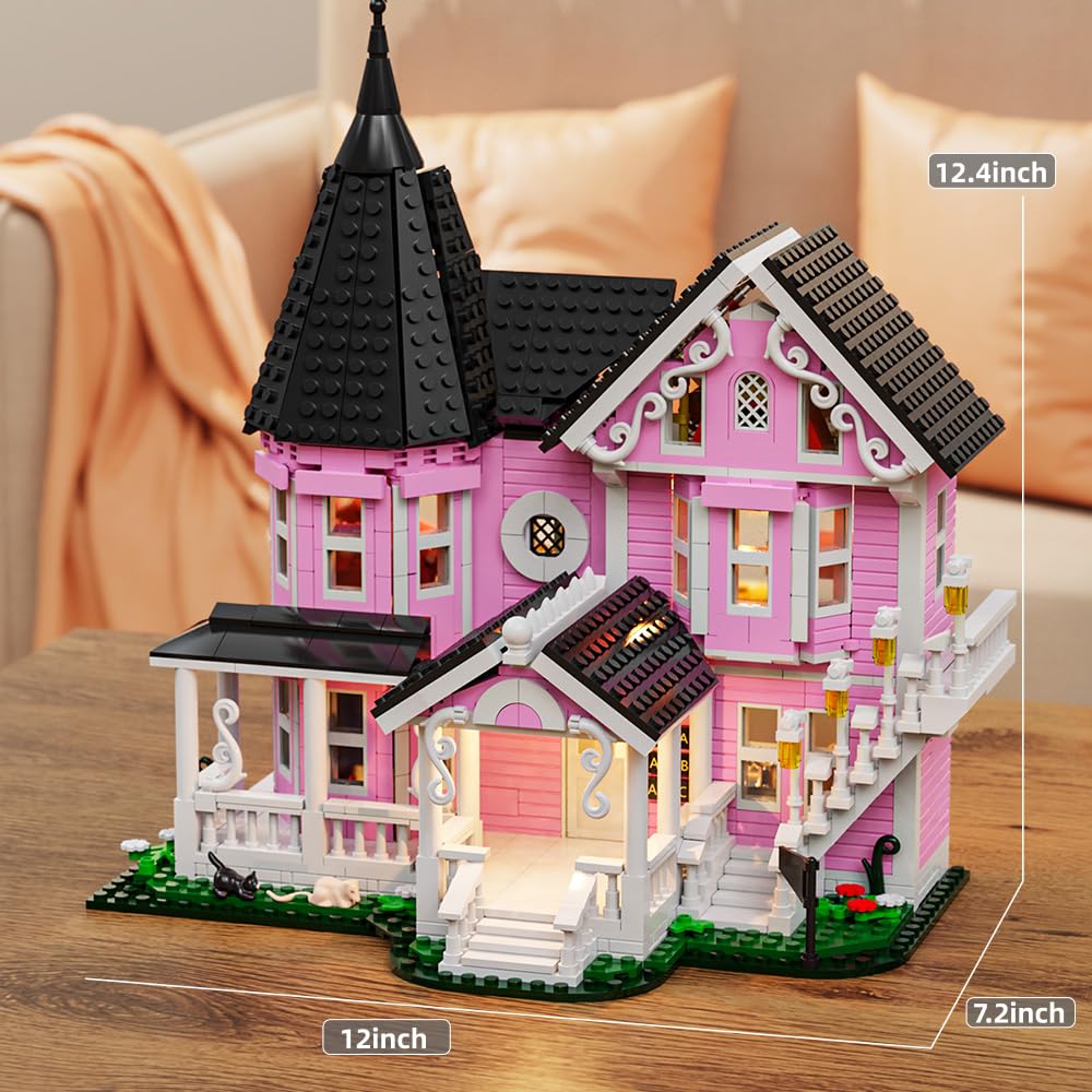 Mesiondy Enchanted Pink Victorian Manor Building Kit β 1349 PCS Premium Brick System | LED Light-Up Gothic Dollhouse | Halloween Display Collectible - Image 2