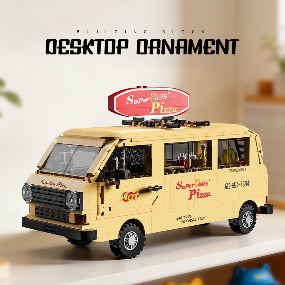 Mesiondy Retro Pizza Delivery Van Building Kit – 634 PCS Premium Brick System | 80s Food Truck Model | Removable Rooftop Sign & Interior Kitchen Detail - Image 6