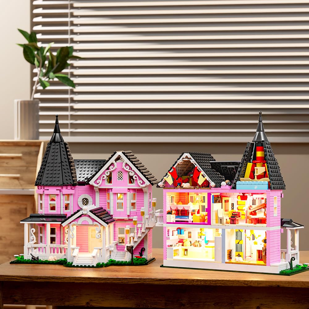 Mesiondy Enchanted Pink Victorian Manor Building Kit β 1349 PCS Premium Brick System | LED Light-Up Gothic Dollhouse | Halloween Display Collectible - Image 4