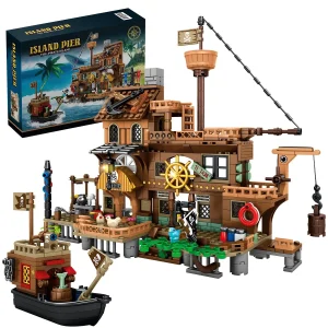 Mesiondy Pirate Island Pier Building Set 🏴‍☠️ – 573 PCS, 21.6" Long Pirate Dock & Boat Toy 🚢, Compatible with Major Brick Brands 🧩