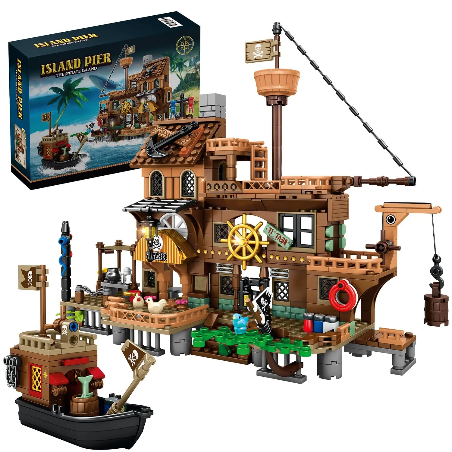 Mesiondy Pirate Island Pier Building Set ๐ดโโ ๏ธ โ 573 PCS, 21.6" Long Pirate Dock & Boat Toy ๐ข, Compatible with Major Brick Brands ๐งฉ