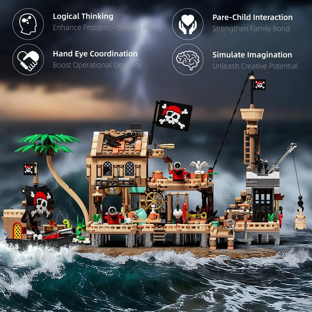 Mesiondy Pirate Island Outpost Building Set π΄ββ οΈ β 943 PCS, 13.8" Wide Pirate Hideout with Boat & Palm Tree π΄, Compatible with Major Brick Brands π§© - Image 5